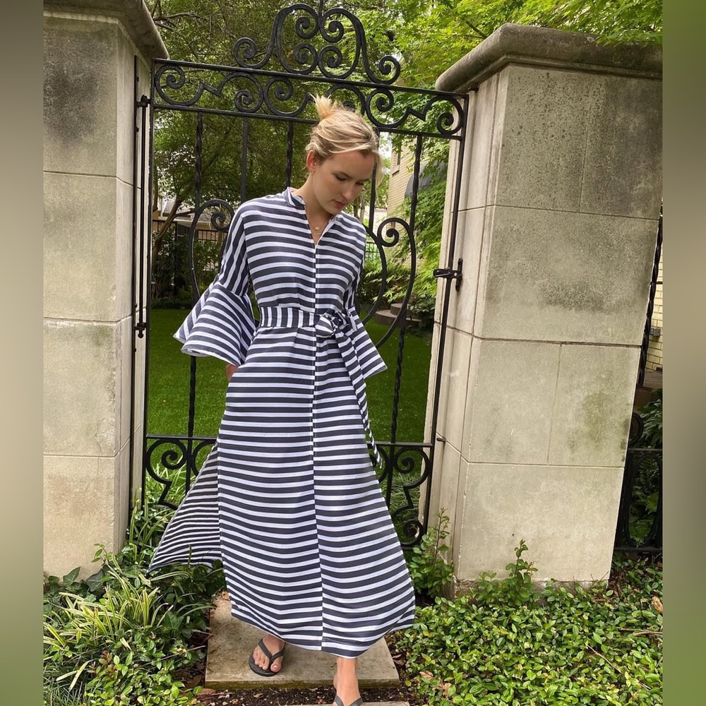 SOLD!EUC TISH COX Blue & White Bell Sleeve Caftan Dress  M/L/XL